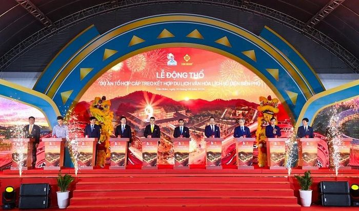 Phó Thủ tướng Chính phủ Nguyễn Văn Thắng cùng lãnh đạo tỉnh Điện Biên và Tập đoàn SunGroup thực hiện nghi thức động thổ Tổ hợp cáp treo du lịch văn hóa lịch sử Điện Biên Phủ ngày 10/5/2026. Ảnh ST