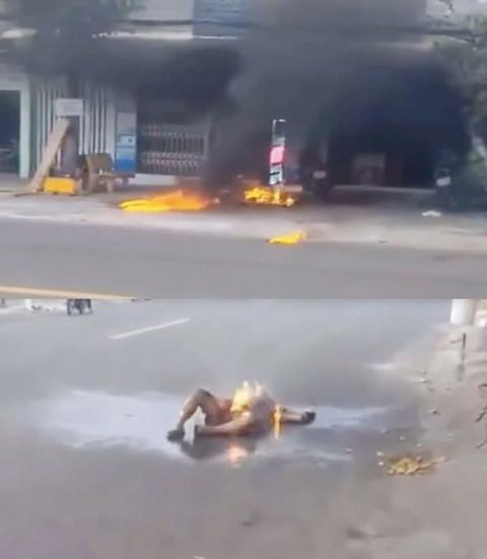 Hiện trường vụ cháy và nam thanh niên cháy như đuốc sau khi tạt xăng, phóng hỏa tiệm giặt sấy.