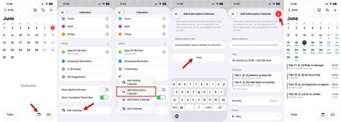 Các bước thêm lịch World Cup 2026 vào iPhone.