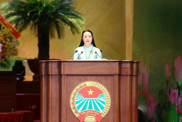 Bà Phạm Hải Hoa, Ủy viên Ban Thường vụ Trung ương Hội Nông dân Việt Nam, Chủ tịch Hội Nông dân thành phố Hà Nội tham luận tại Đại hội. Ảnh: CTV.