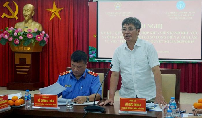 Phó Giám đốc BHXH thành phố Hà Nội Vũ Đức Thuật phát biểu tại lễ ký kết. Ảnh: B.Duy