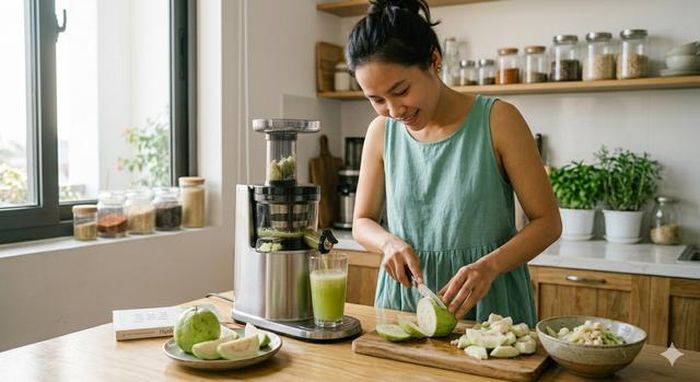 Nên ép cả vỏ ối nhưng bỏ hạt ổi.