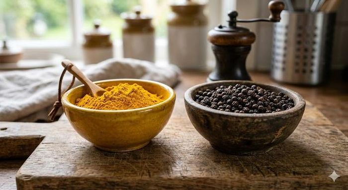 Ăn nghệ cùng với hạt tiêu đen giúp tăng cường khả năng hấp thụ curcumin.