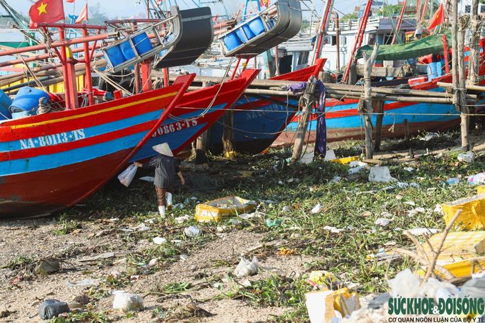 Rác thải tích tụ dày đặc quanh khu vực neo đậu khiến việc tiếp cận, lên xuống các tàu cá của ngư dân gặp không ít khó khăn.