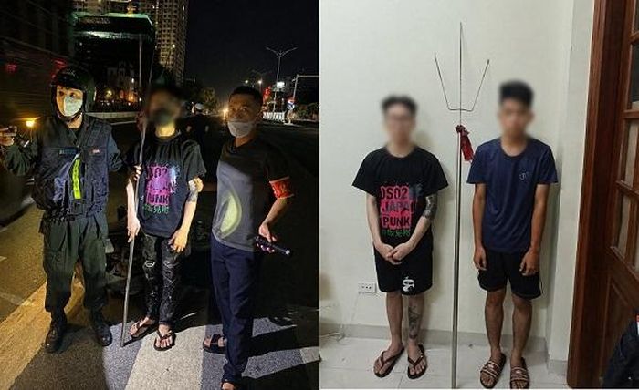 2 đối tượng cùng hung khí tang vật. Ảnh: Công an Hà Nội.