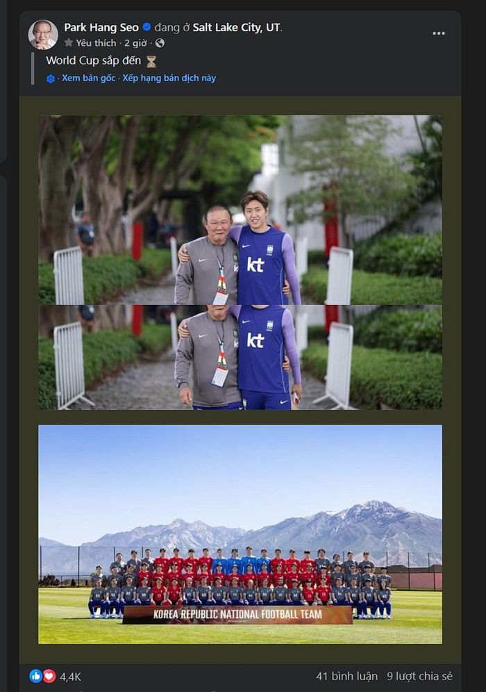 "World Cup đang đến", HLV Park Hang-seo viết.