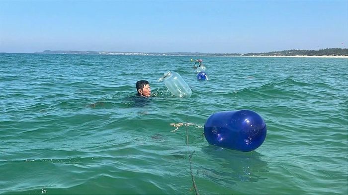 Hệ thống dây phao dài hơn 200m do ông Bùi Văn Tiến tự thiết kế và lắp đặt giúp cảnh báo khu vực tắm biển an toàn cho du khách