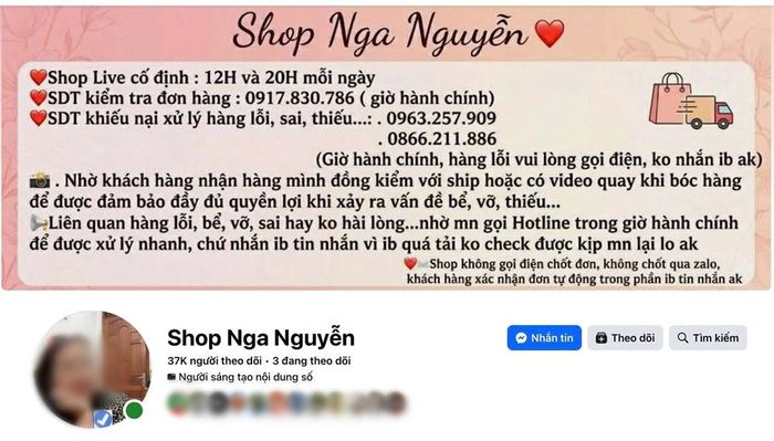 Một trong những tài khoản Facebook của shop Nga Nguyễn sử dụng để livestream bán hàng