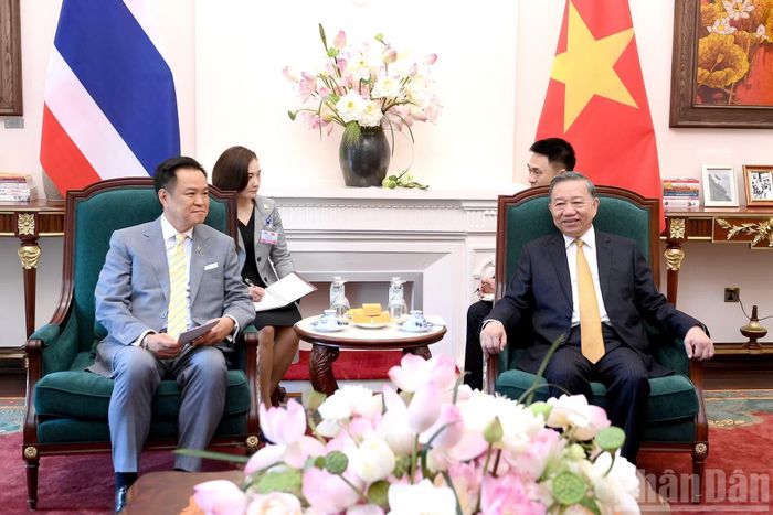 Tổng Bí thư, Chủ tịch nước Tô Lâm với Thủ tướng Thái Lan Anutin Charnvirakul tại cuộc tiếp.
