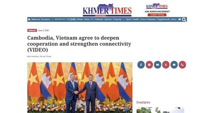 Khmer Times đưa tin về cuộc hội đàm giữa Thủ tướng Lê Minh Hưng và Thủ tướng Campuchia Hun Manet. (Ảnh chụp màn hình)