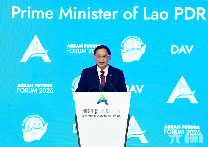 Thủ tướng Lào Sonexay Siphandone phát biểu tại AFF 2026. Ảnh: TUẤN HUY 