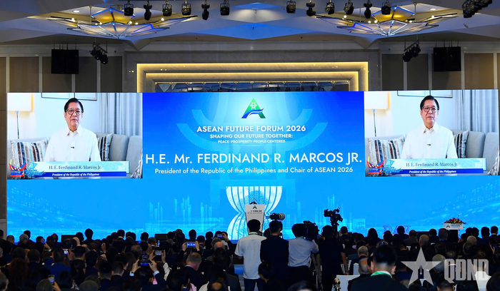 Tổng thống Philippines Ferdinand Marcos Jr. gửi thông điệp ghi hình tới AFF 2026. Ảnh: TUẤN HUY