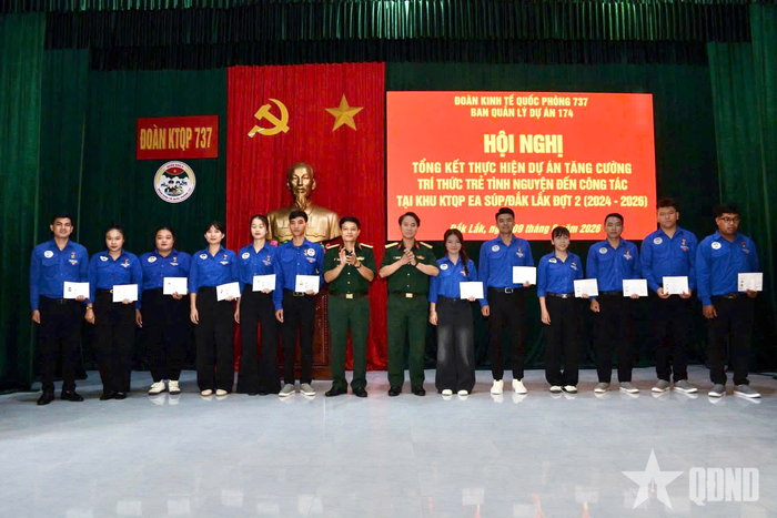 Lãnh đạo, chỉ huy Đoàn KT - QP 737, Ban Quản lý dự án 174 Quân khu 5 trao huy hiệu, giấy chứng nhận và giấy khen cho các đội viên TTTTN hoàn thành tốt nhiệm vụ đợt 2.