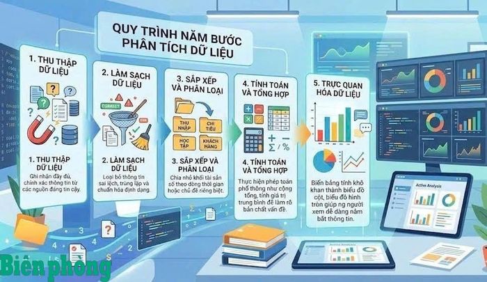 Quy trình năm bước phân tích dữ liệu, từ khâu thu thập dữ liệu thô, làm sạch, phân loại cho đến hiển thị kết quả cuối cùng bằng các biểu đồ cột trực quan, dễ hiểu. Đồ họa: Thái Bình