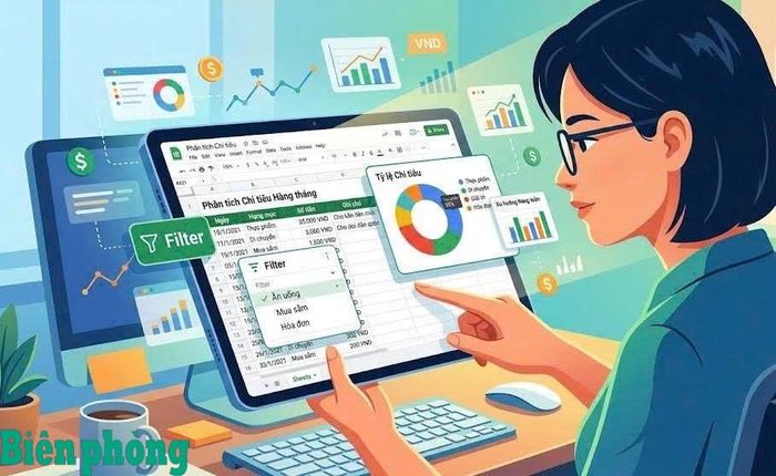 Xử lý các bảng số liệu, bộ lọc và vẽ biểu đồ trực quan trên giao diện phần mềm Google Sheets để phân tích chi tiêu. Đồ họa: Thái Bình