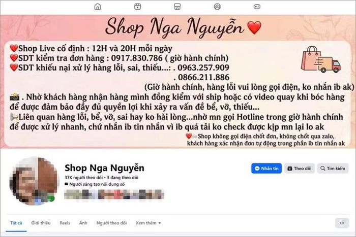 Ảnh chụp màn hình Facebook "Shop Nga Nguyễn".