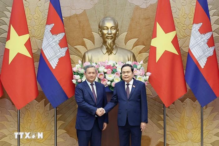 Chủ tịch Quốc hội Trần Thanh Mẫn hội kiến Thủ tướng Campuchia Hun Manet thăm chính thức Việt Nam và tham dự Diễn đàn Tương lai ASEAN lần thứ ba. (Ảnh: Doãn Tấn/TTXVN)