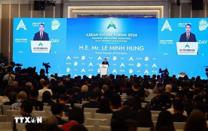 Thủ tướng Lê Minh Hưng phát biểu tại Phiên khai mạc Diễn đàn Tương lai ASEAN lần thứ ba. (Ảnh: Dương Giang/TTXVN)