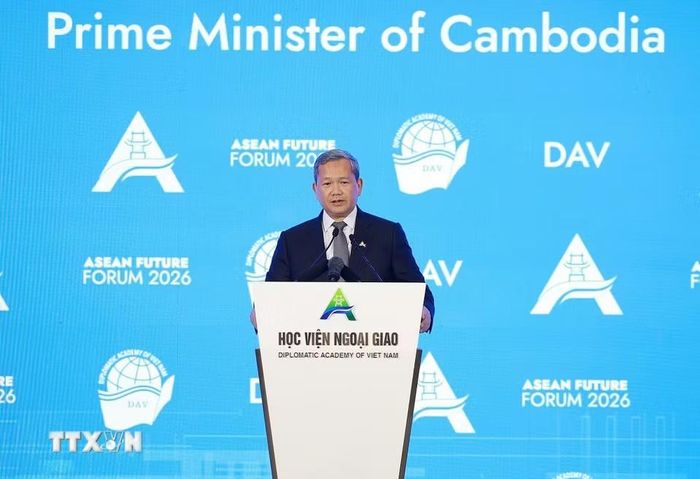 Thủ tướng Campuchia Hun Manet phát biểu tại Phiên khai mạc Diễn đàn Tương lai ASEAN lần thứ ba. (Ảnh: Dương Giang/TTXVN)