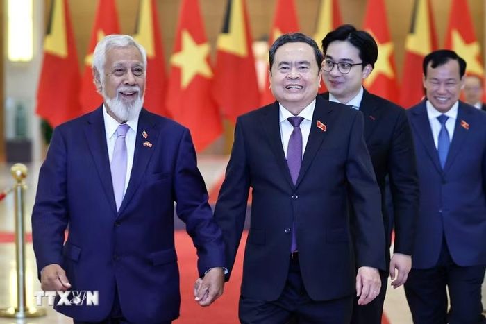 Chủ tịch Quốc hội Trần Thanh Mẫn và Thủ tướng nước Cộng hòa Dân chủ Timor-Leste Kay Rala Xanana Gusmão. (Ảnh: Doãn Tấn/TTXVN)