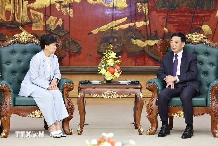 Đại tướng Phan Văn Giang, Ủy viên Bộ Chính trị, Phó Thủ tướng Chính phủ, Bộ trưởng Bộ Quốc phòng tiếp bà Izumi Nakamitsu, Phó Tổng Thư ký Liên hợp quốc và Đại diện cấp cao về Giải trừ quân bị. (Ảnh: Minh Đức/TTXVN)
