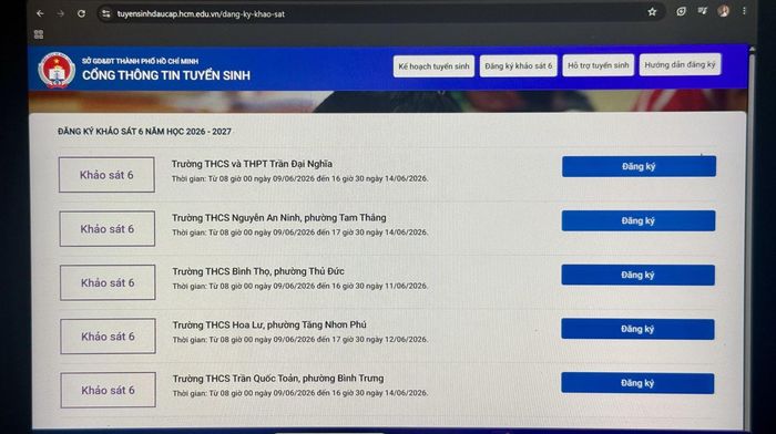 Cổng đăng ký khảo sát tuyển sinh vào lớp 6 năm học 2026 - 2027 của Sở Giáo dục và Đào tạo TP Hồ Chí Minh đã được mở. Ảnh chụp màn hình.