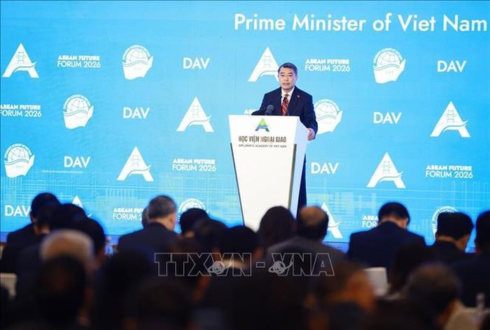 Thủ tướng Lê Minh Hưng phát biểu tại Phiên khai mạc Diễn đàn Tương lai ASEAN lần thứ ba. Ảnh: Dương Giang/TTXVN.