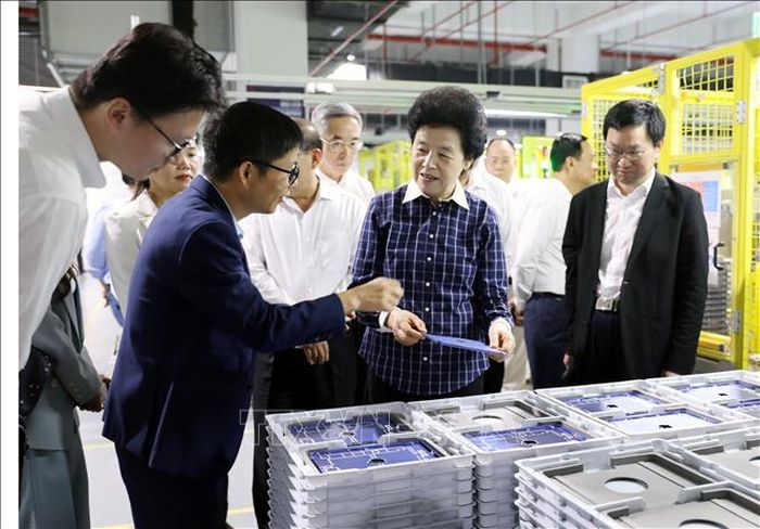 Phó Chủ tịch Chính hiệp toàn quốc Trung Quốc Hàm Huy thăm phân xưởng sản xuất của Công ty TNHH BYD Việt Nam tại Khu công nghiệp Phú Hà, tỉnh Phú Thọ. Ảnh: Tạ Toàn/TTXVN