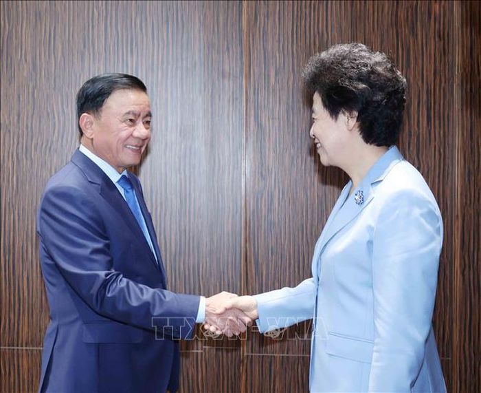 Thường trực Ban Bí thư Trần Cẩm Tú tiếp Phó Chủ tịch Chính hiệp Toàn quốc Trung Quốc Hàm Huy. Ảnh: Phương Hoa/TTXVN