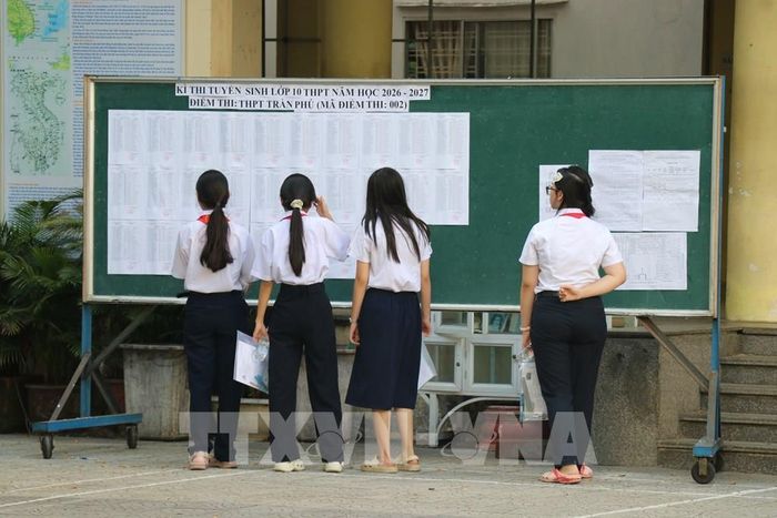 Các thí sinh tra cứu danh sách Kỳ thi tại Điểm thi số 2, Trường THPT Trần Phú, thành phố Đà Nẵng. Ảnh: Khoa Chương - TTXVN