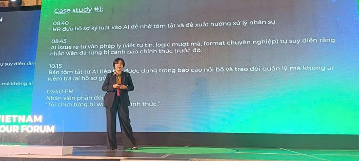 Bà Phạm Quỳnh Nhi, Trưởng bộ phận Luật công nghệ và bảo mật dữ liệu (Việt Nam và Singapore), DS Avocats Vietnam, chia sẻ tại diễn đàn. Ảnh: Quốc Hải