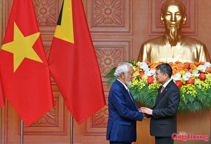 Thủ tướng Lê Minh Hưng và Thủ tướng Timor-Leste Kay Rala Xanana Gusmão trò chuyện tại hội đàm.