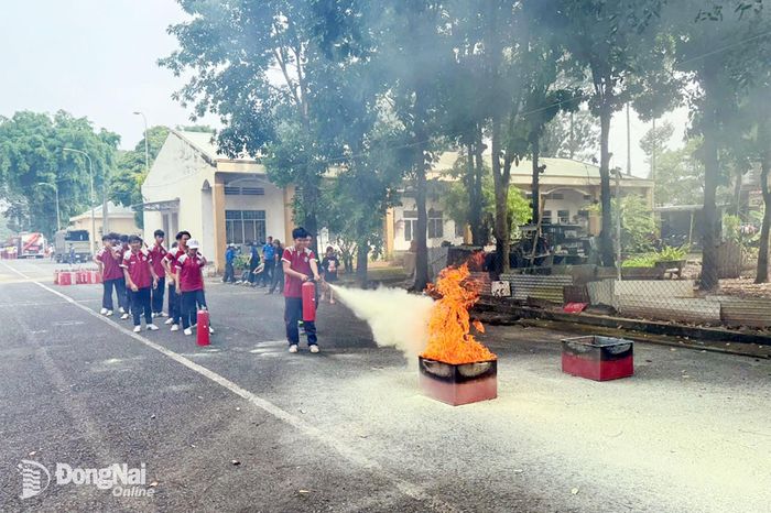 Học sinh thực hành dùng bình chữa cháy dập tắt đám cháy