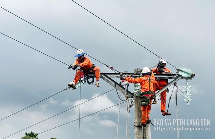 Nhân viên Điện lực Lộc Bình kiểm tra hệ thống lưới điện trên địa bàn xã Lộc Bình