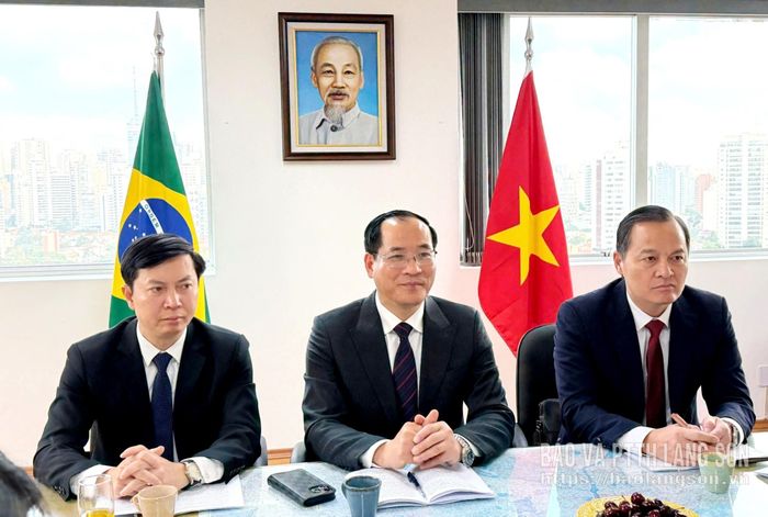 Đồng chí Dương Xuân Huyên, Ủy viên Ban Thường vụ Tỉnh ủy, Phó Chủ tịch Thường trực HĐND tỉnh phát biểu tại buổi gặp, làm việc Phòng Thương mại Việt Nam - Brazil