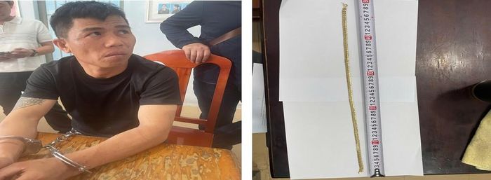 Đối tượng Nguyễn Ngọc Ân tại cơ quan công an cùng tang vật trong vụ cướp