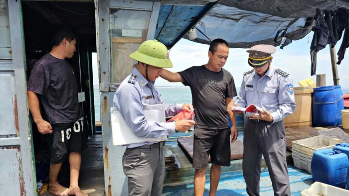 Lực lượng kiểm ngư kiểm tra giấy phép khai thác và các chứng chỉ chuyên môn ngay trên boong tàu - Ảnh: L.A