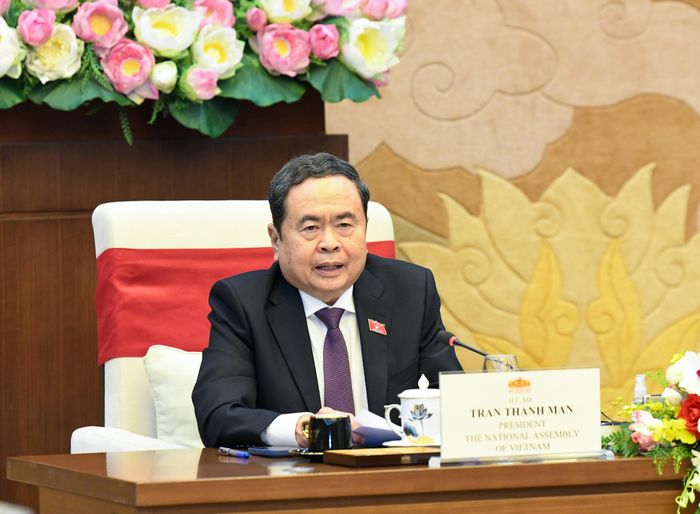 Chủ tịch Quốc hội Trần Thanh Mẫn phát biểu tại cuộc tiếp