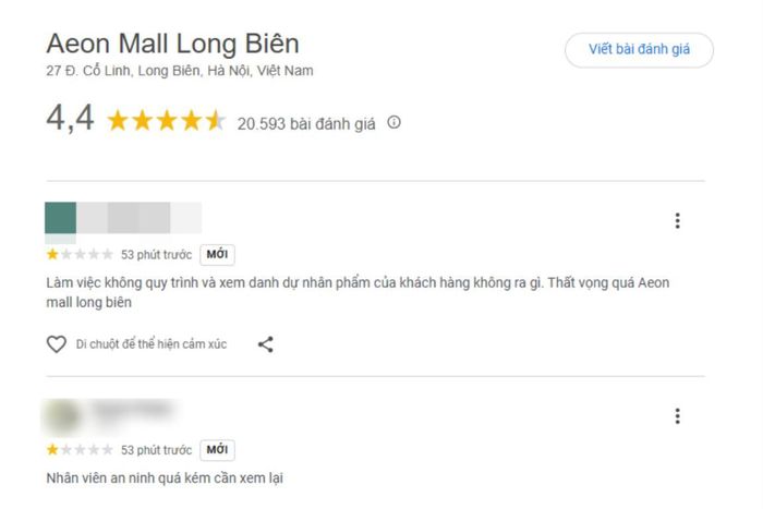 Trung tấm thương mại Aeon Mall Long Biên nhận loạt đánh giá 1 sao trên Google Maps