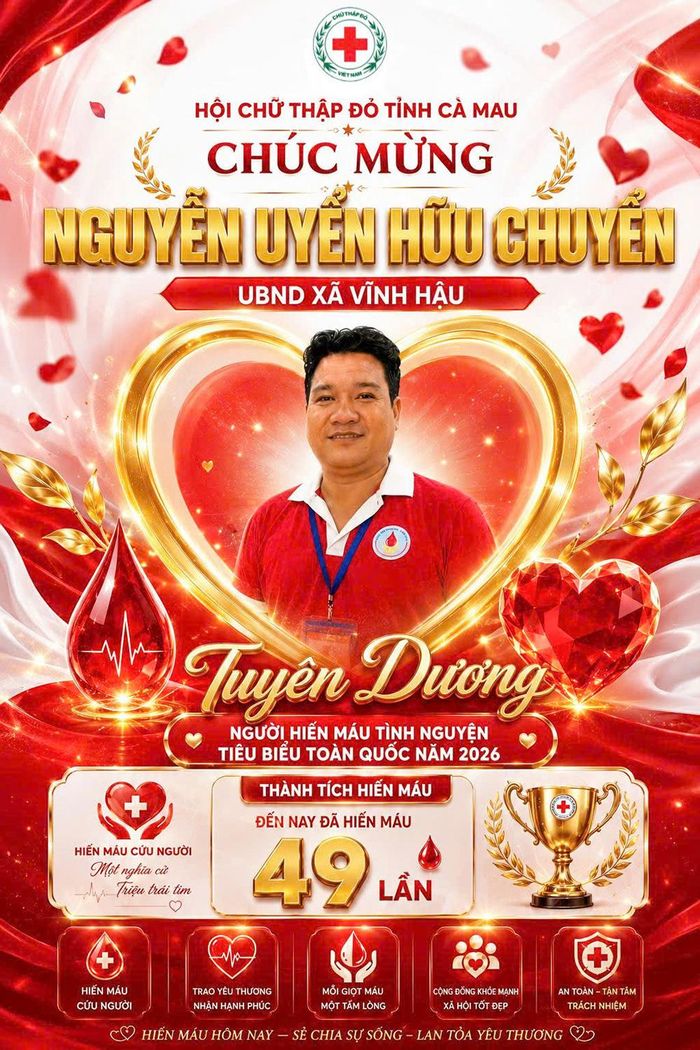 Tính đến nay, anh Nguyễn Uyển Hữu Chuyển đã tham gia hiến máu tình nguyện 49 lần. (ảnh Hội Chữ thập đỏ tỉnh Cà Mau cung cấp).