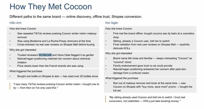 Hai cách người tiêu dùng biết đến Cocoon cho thấy vì sao Cocoon được người Việt tin dùng qua trải nghiệm thật và lời giới thiệu của gia đình. Ảnh chụp báo cáo của Q&Me