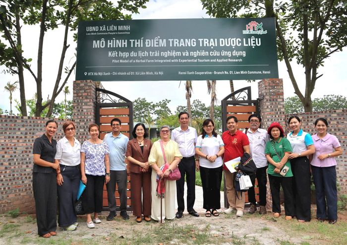 Đoàn đại diện doanh Philippines và đại diện Hội Liên hiệp phụ nữ thành phố Hà Nội, xã Liên Minh tham quan trang trại dược liệu của Hợp tác xã Hà Nội Xanh. Ảnh: NM