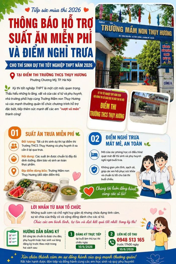 Điểm thi Trường THCS Thụy Hương bố trí địa điểm nghỉ trưa, tổ chức bữa ăn miễn phí cho thí sinh, phụ huynh.