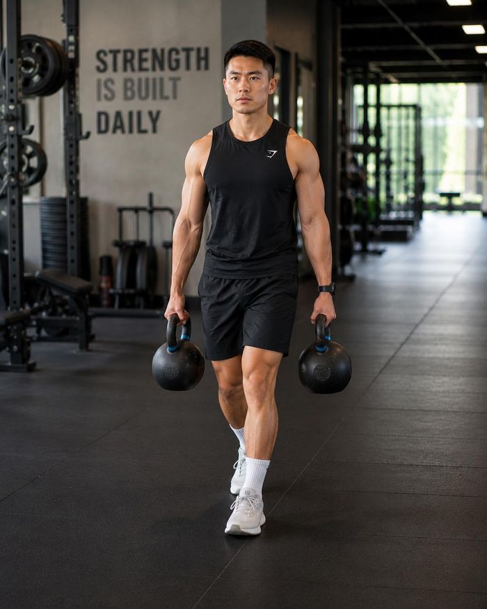 Đi bộ xách tạ là bài tập giúp cây dựng cơ toàn thân.