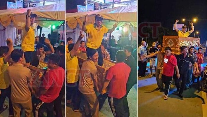 Các đối tượng khiêng quan tài diễu hành và nhảy múa giữa đường phố. Ảnh: Công an TP Cần Thơ.