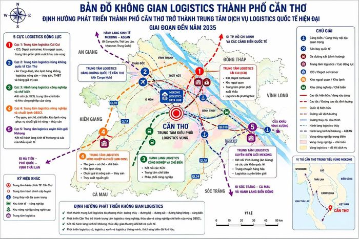 Bản đồ không gian logistics thành phố Cần Thơ định hướng phát triển thành phố cần thơ trở thành trung tâm dịch vụ logistics quốc tế hiện đại giai đoạn đến năm 2035. Bản đồ: TS. Bùi Bá Nghiêm, Chuyên viên cao cấp Cục Xuất nhập khẩu, Bộ Công Thương