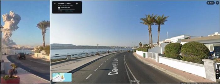 So sánh ảnh chụp màn hình của video bị chia sẻ sai sự thật (trái) và hình ảnh Google Street View (phải).