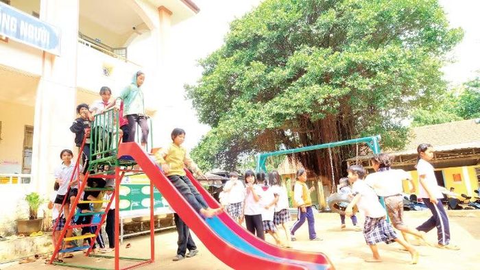 Học sinh Trường tiểu học Đắk Á vui chơi tại sân chơi do thanh niên tình nguyện tặng.