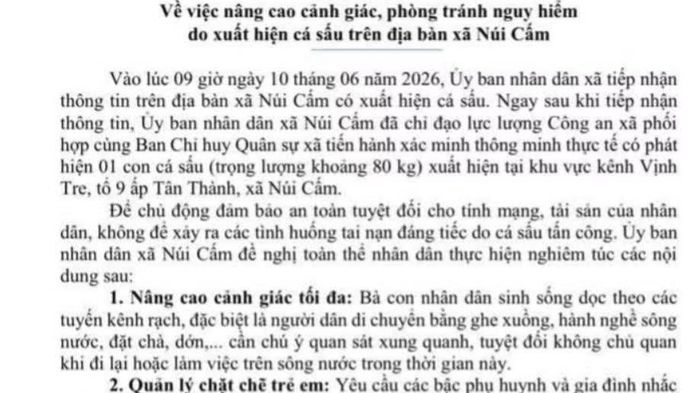 Ủy ban nhân dân xã Núi Cấm ra thông báo cảnh báo cá sấu xuất hiện.