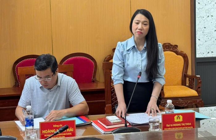Đại tá Hoàng Thị Thoa, Phó Cục trưởng Cục Bảo vệ chính trị nội bộ, Ban Tổ chức Trung ương phát biểu tại buổi làm việc